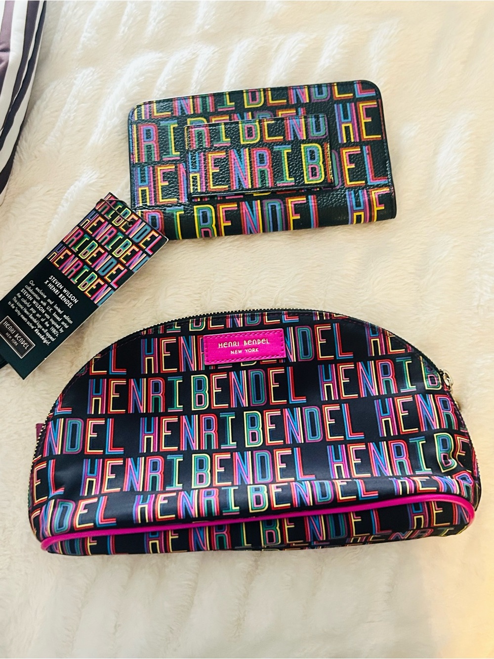 henri bendel Multicolor Logo Cosmetic Pouch and Wallet - Black with Neon Accents